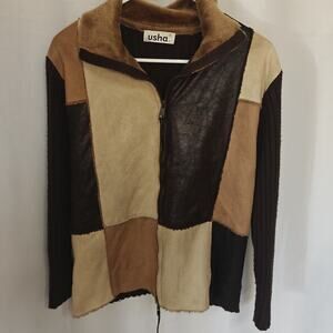 Usha Women XL Patchwork Color Block Brown Jacket Zipper Faux Suede Faux Leather